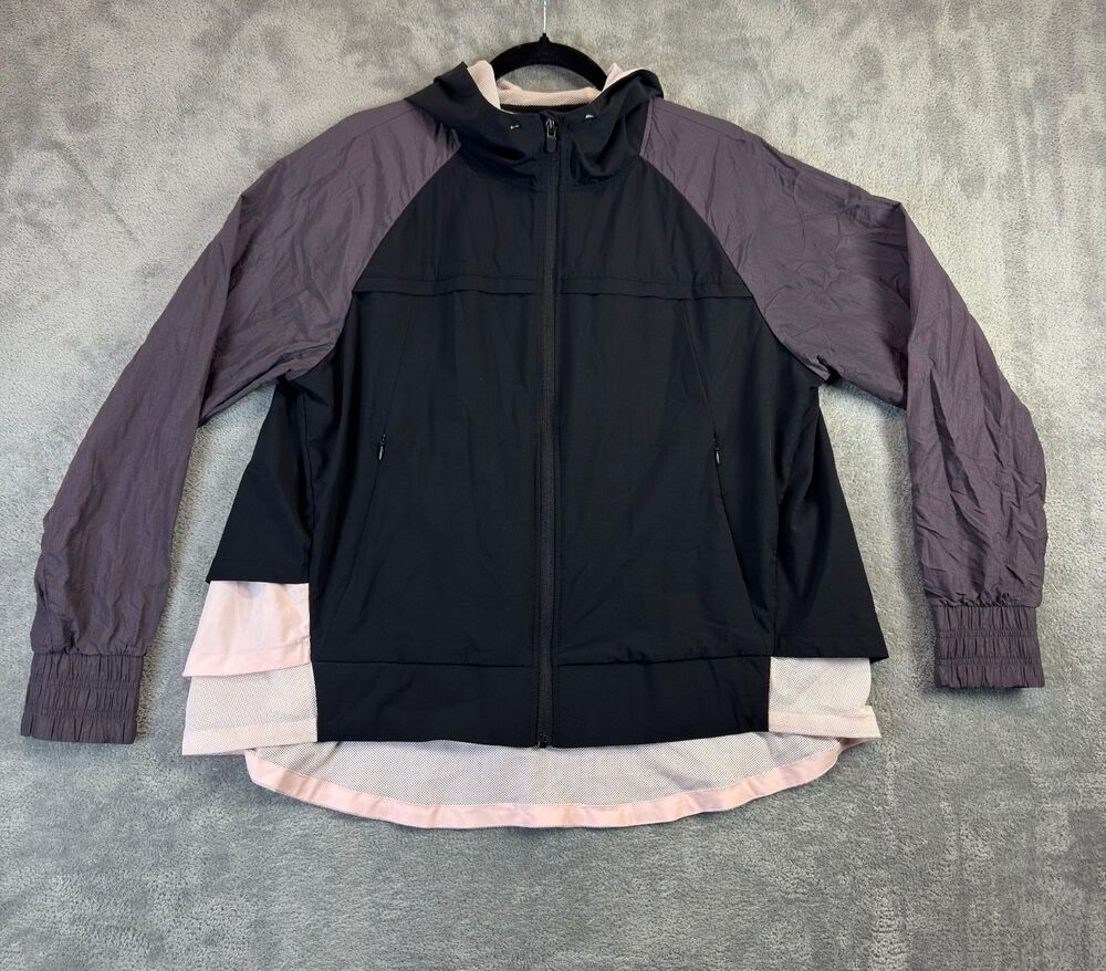 Fabletics Jacket Womens Medium Black Pink Vented Hooded Full Zip Pockets Layered